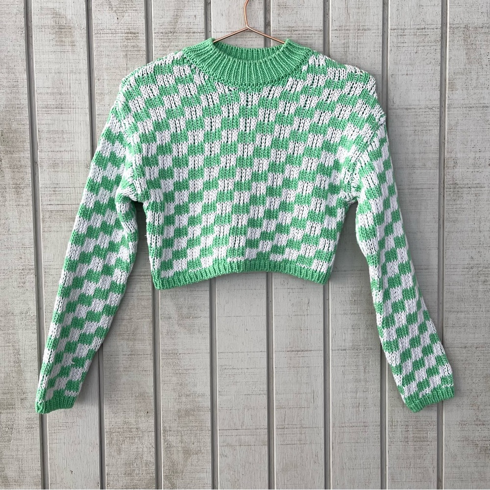 Primark Green White Checkered Cropped Knit Sweater 2XS Y2K Vibes